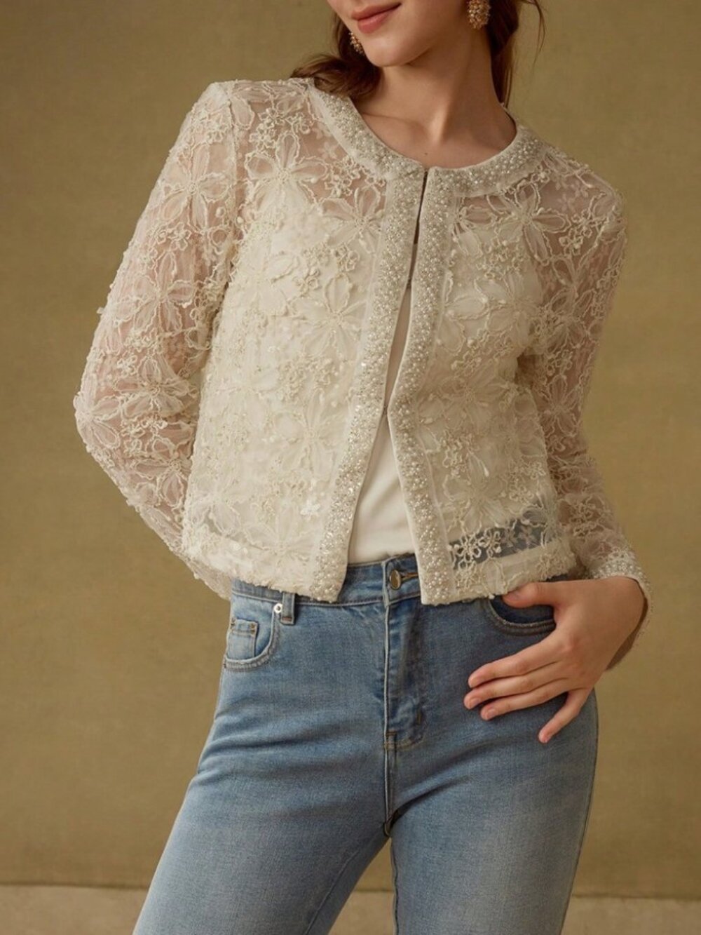 Cream Lace Floral Beaded Cropped Collarless Jacket